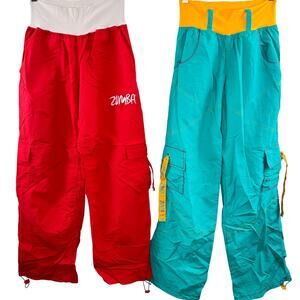Lot of 2 ZUMBA Red White Teal Blue Orange Cargo Capri Pants Fitness Workout Sz S